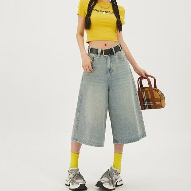Wide-Leg Cropped Denim Shorts 2025 Summer Thin Retro High-Waisted Plus-Size Loose Slimming Straight Mid-Length Pants