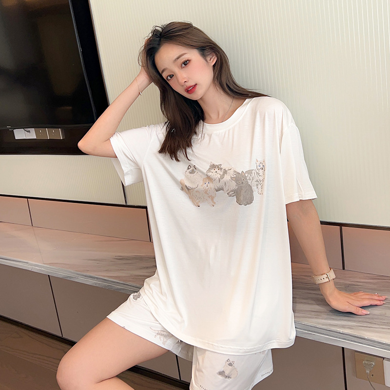 Pajamas Women's Summer New Japanese Style Modal Cute Hand-painted Cat Cartoon Outwear Short-sleeved Shorts Home Clothes for Women