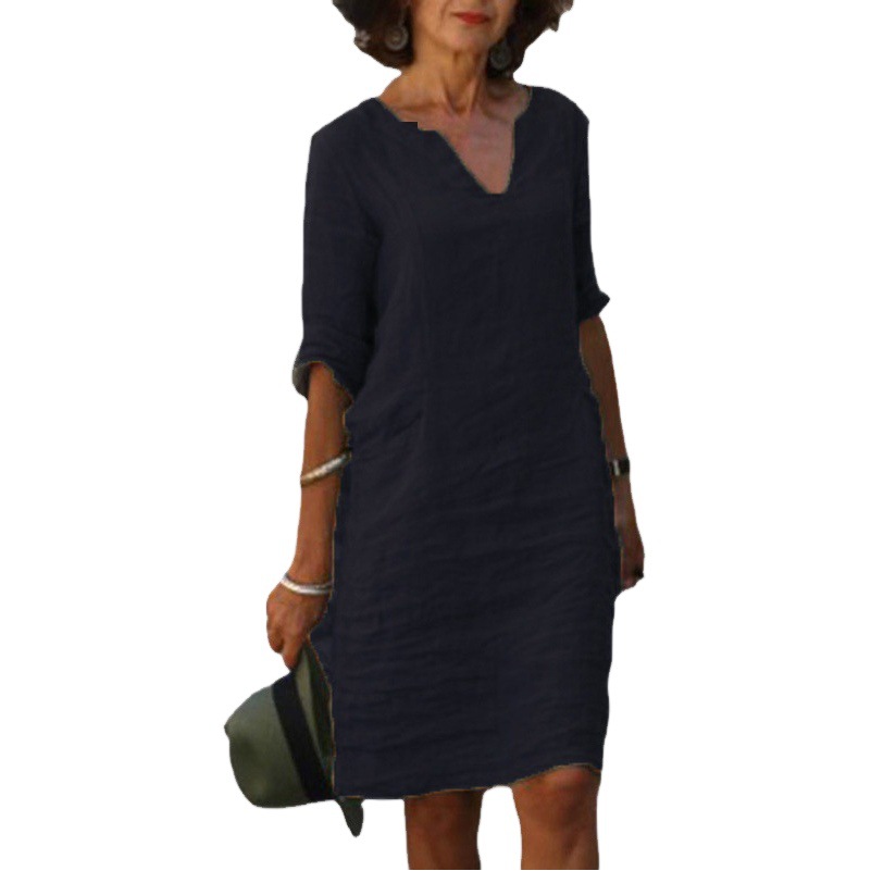 Amazon European and American autumn cotton and linen small V-neck stitching retro solid color 3/4 sleeve dress women's linen cotton fabric