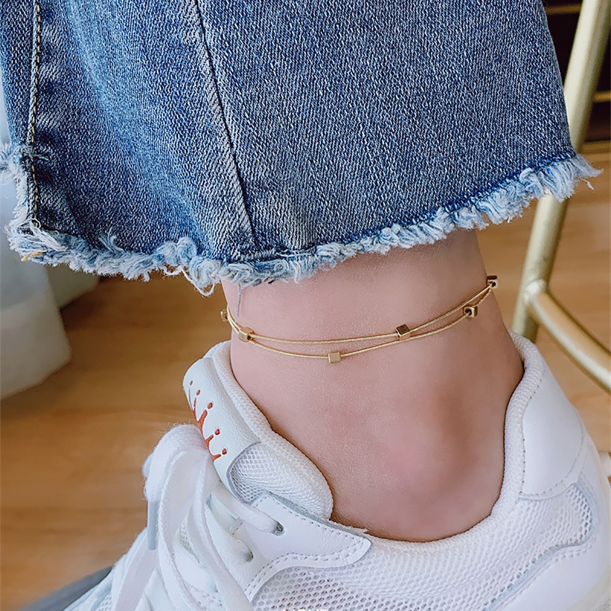 Double-layer Simple Small Square Light Luxury Anklet Women's Sexy Cyber Celebrity Accessories Golden Fashion Elegant Titanium Steel Anklet