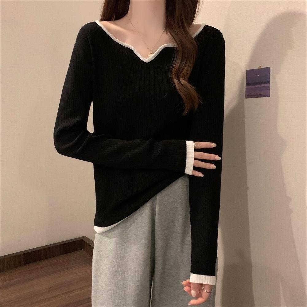 Picture of Large Size Sweater Women's 2022 New Autumn Design Contrasting Color Square Collar Clavicle Base Shirt Slim Shirt