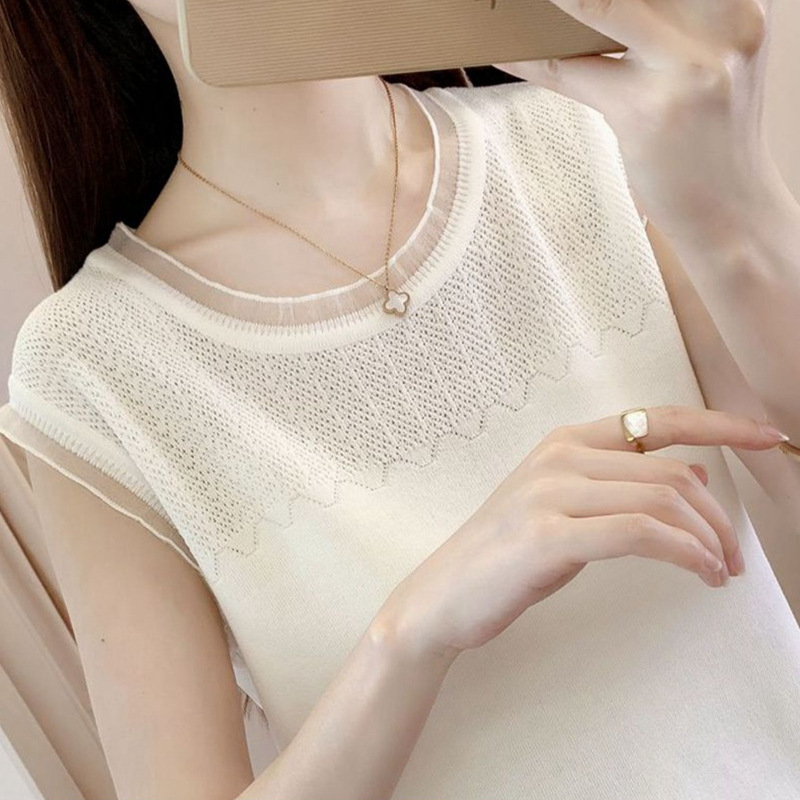 White Knitted Camisole for Women 2024 Spring New Suit with Cut Out Out Outer Sleeveless Bottoming Shirt Top