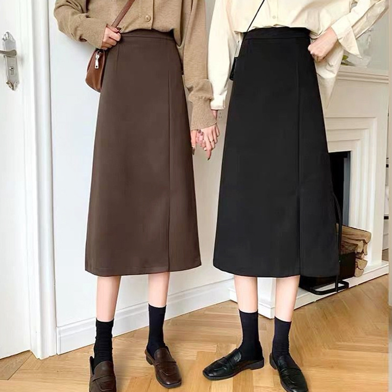 New Arrival 2023 Bag Hip Autumn and Winter Mid-Length A- Line Skirt High Waist High Waist Long Skirt Split Solid Color Skirt for Women