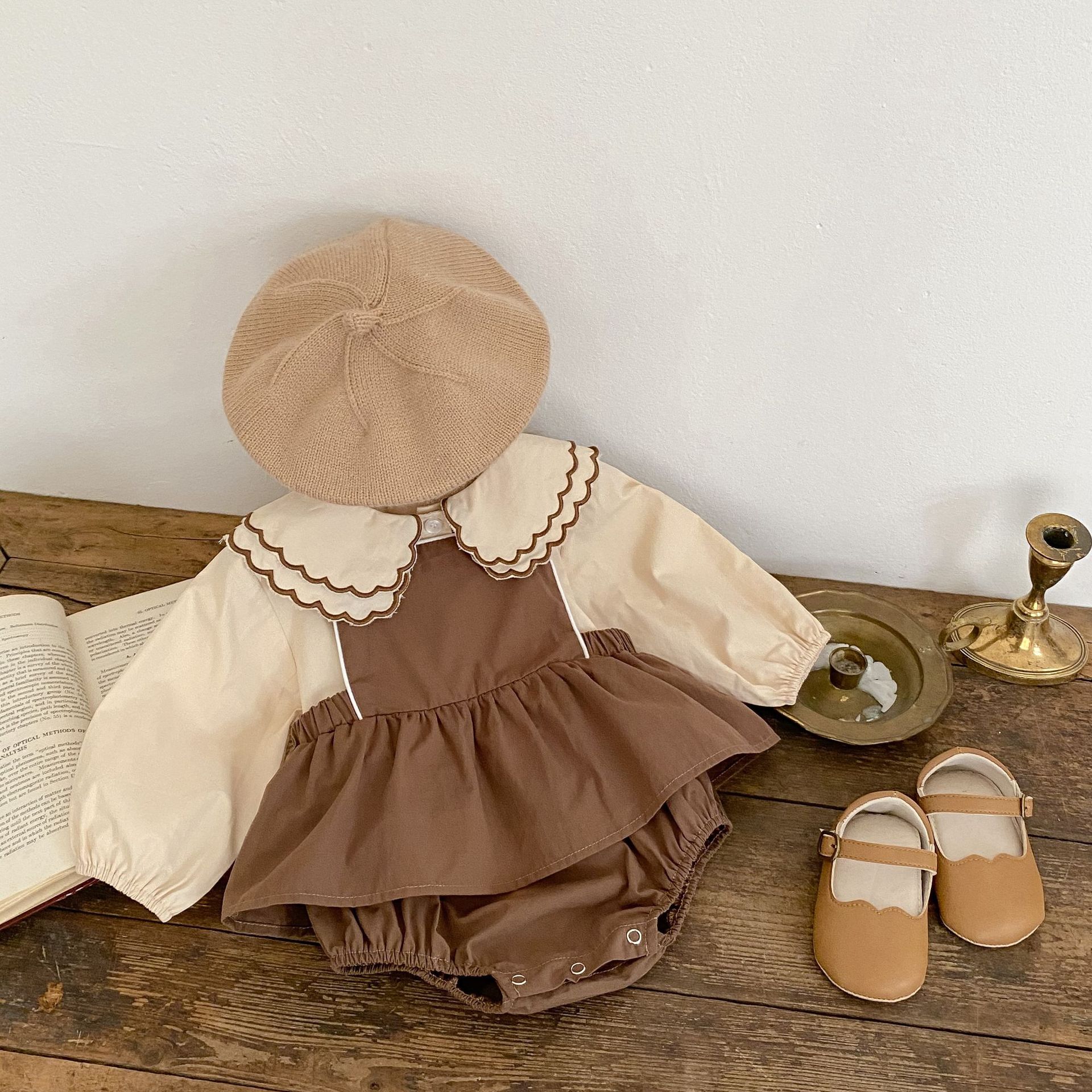 Picture of 2025 New Fashionable Baby Girl Sling Romper Bag Fart Clothes Baby Dress + Doll Collar Shirt Two-Piece Set