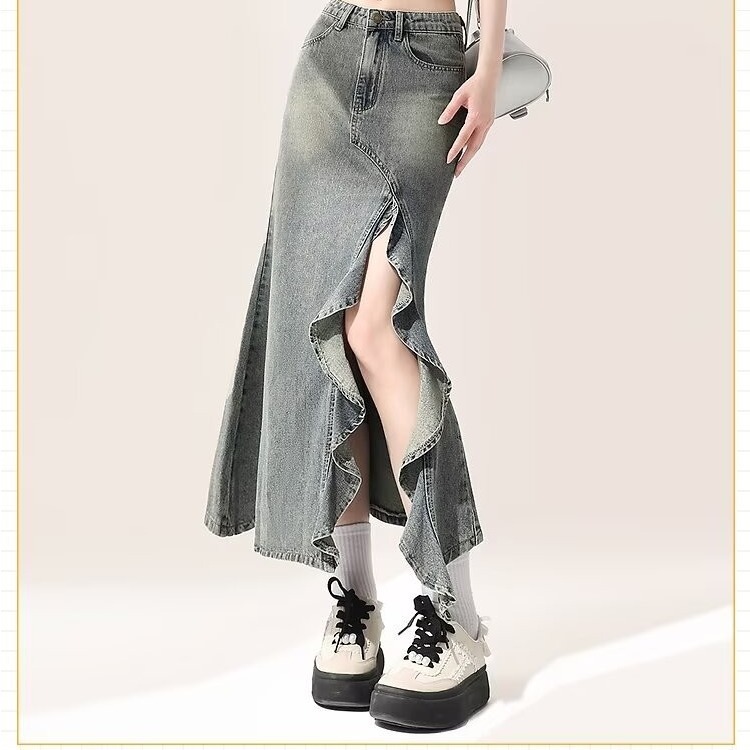 Denim Skirt for Women, Asymmetrical Fishtail Slit, Retro Lace, High Waist, Mid-Length, Niche Design, Hip-Covering