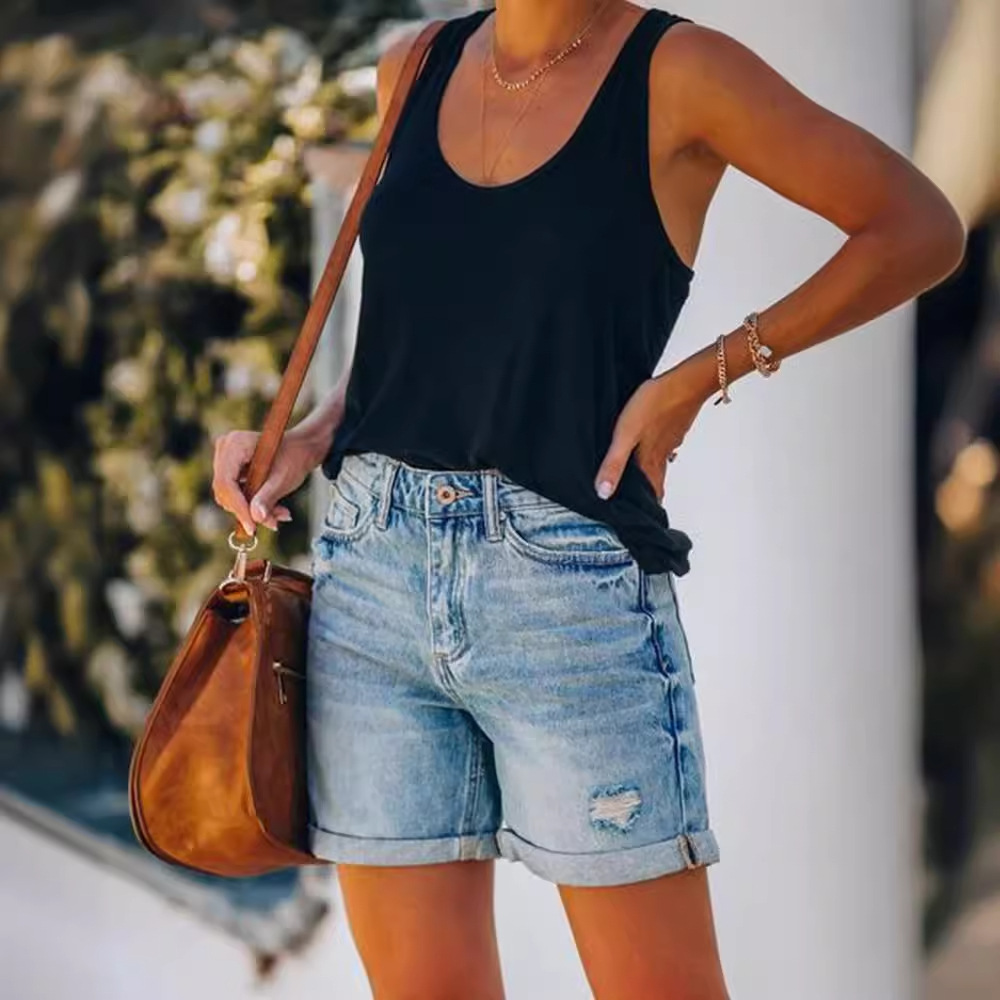 Picture of 2025 Summer Ebay Amazon Wish Street Curled Ripped Straight Pants Women's Denim Shorts Export Trendy Brand