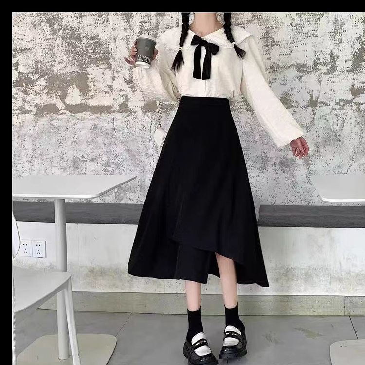 plus size Women's Black Skirt Women's Irregular Dress Mid-length A- line Skirt High Waist Hip Covering Umbrella Skirt chubby girl