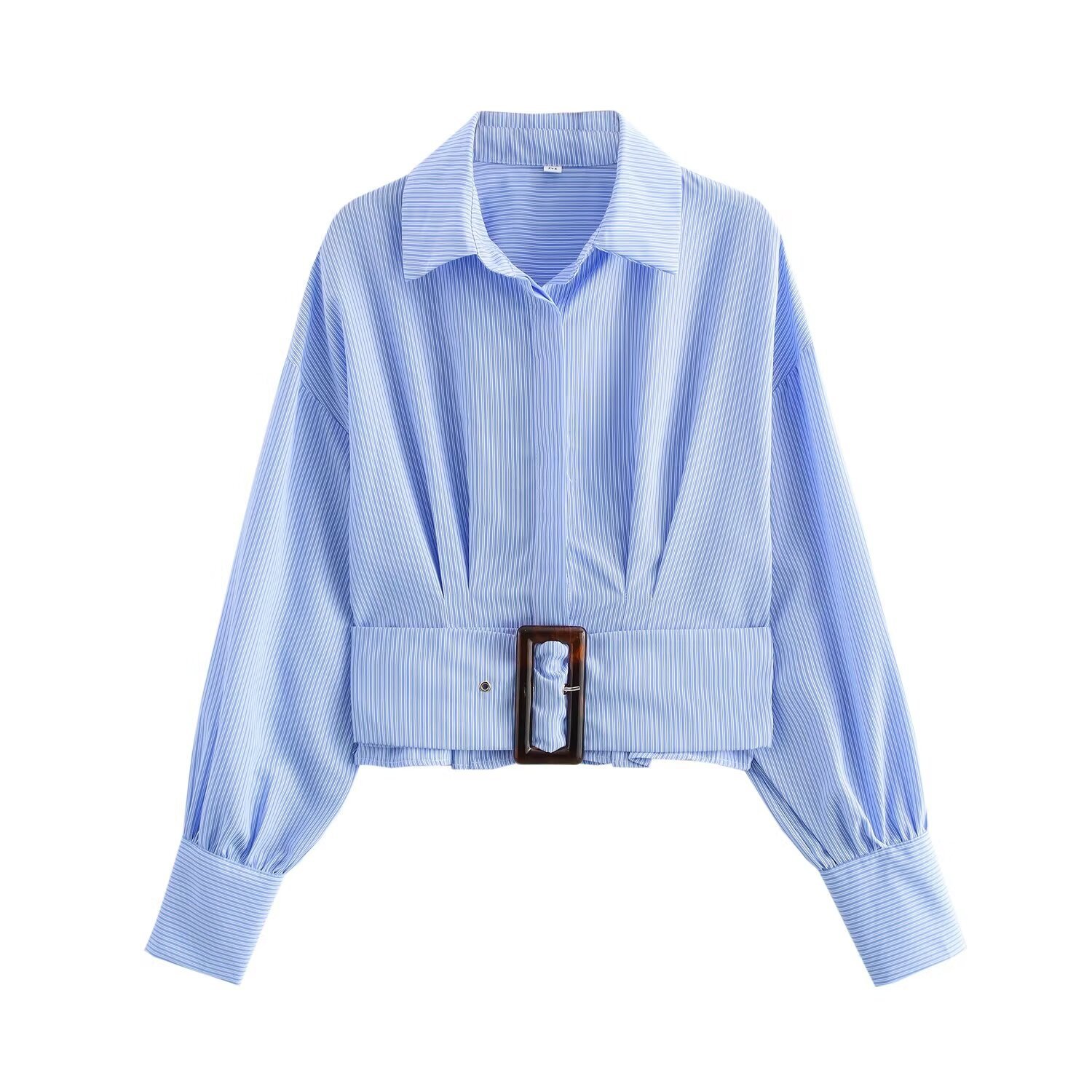 European and American style 2024 winter new women's vintage casual versatile lapel long sleeve waist striped shirt