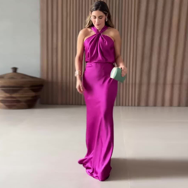 Europe and the United States Amazon cross-border 2025 summer new solid color socialite wind hanging neck top dress women's dress women