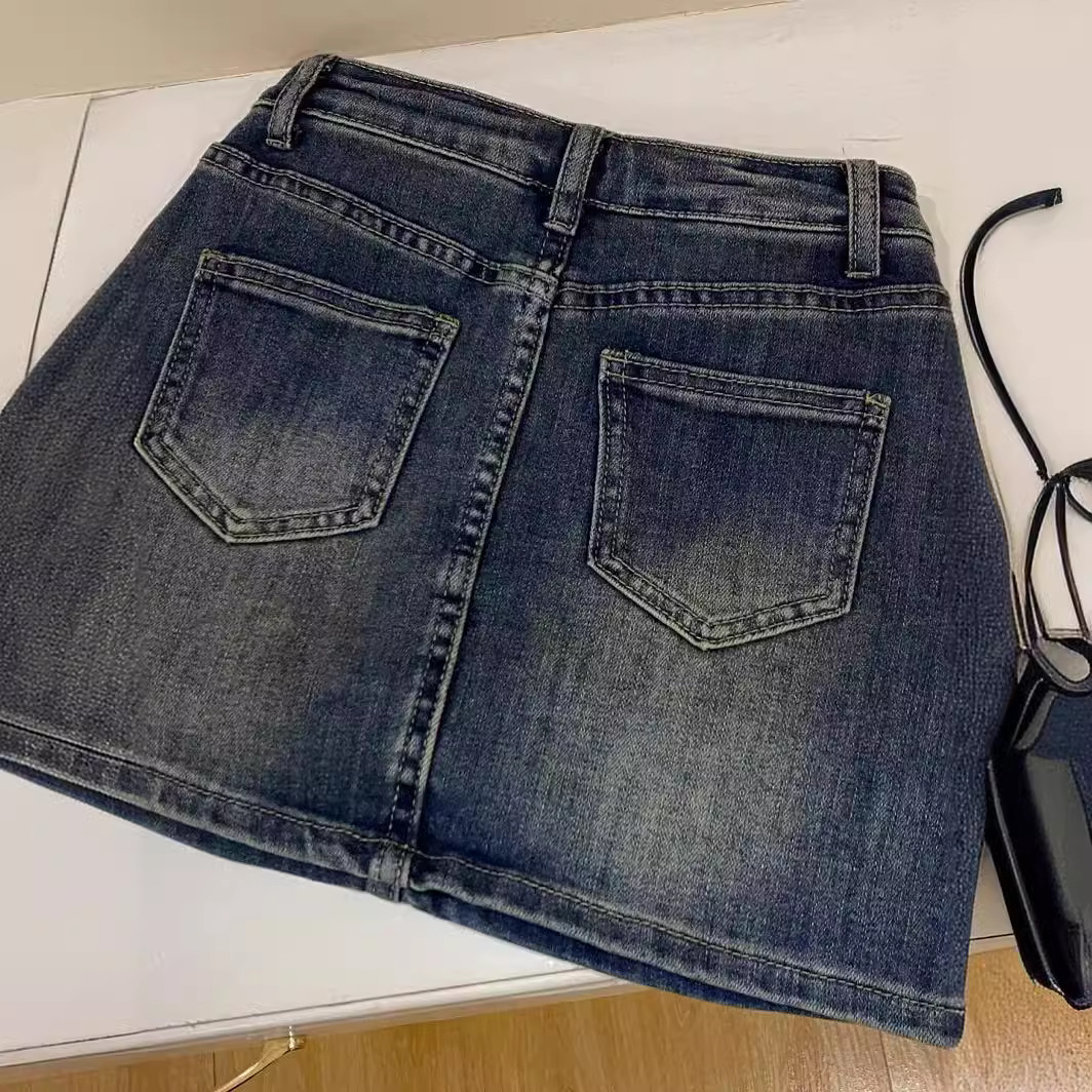 Picture of Vintage Distressed Denim Skirt Women's Small 2024 Summer New High Waist plus size Loose All-match Anti-glare Skirt