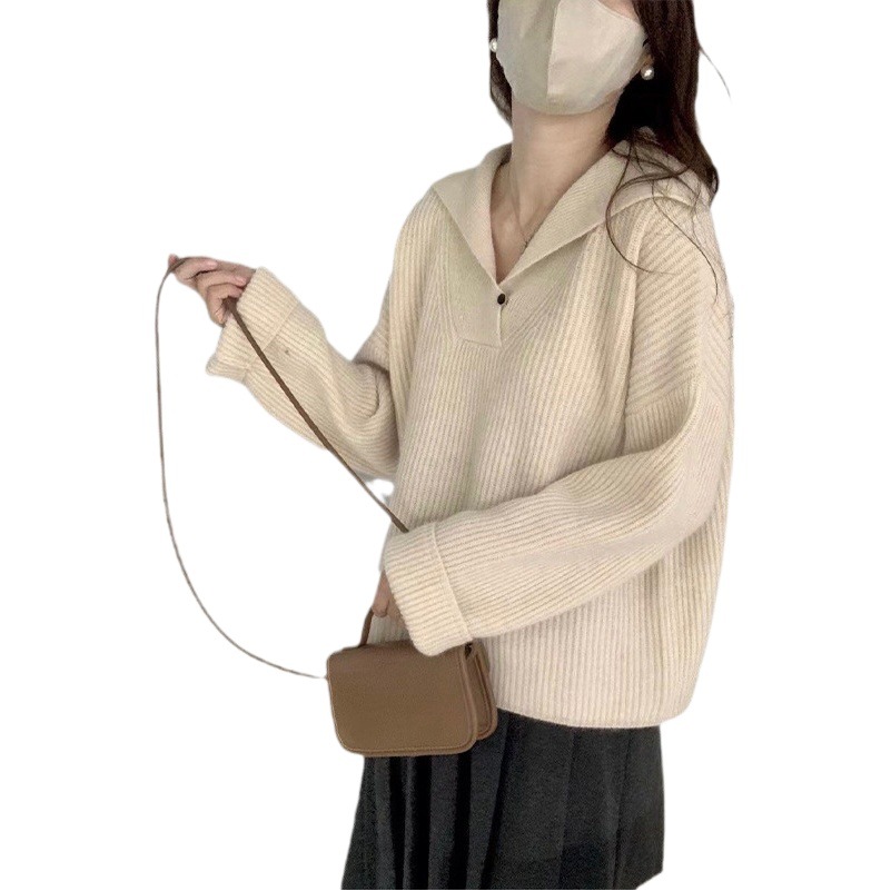 Lapel Design Pit Strip Sweater for Women Autumn and Winter 2024 Popular New Style Lazy Gentle Style Knitted Bottoming Shirt Top