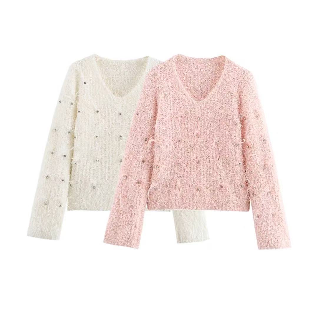 ZA cross-border women's clothing wholesale European and American style spring new diamond wool long sleeve V collar sweet style pullover sweater