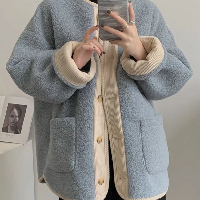 Picture of Hong Kong-style vintage shearling jacket for women, new winter loose casual color-blocking thickened composite suede top trendy