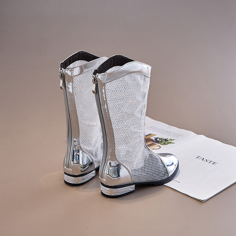 silver Bright Patent Leather Flat Heel High Boots Mesh Boots Breathable Hollow Out Cool Boots T-stage Model Show Competition Shoes