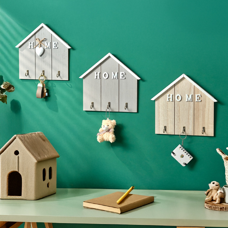 Picture of Creative Home Decoration Key Storage Rack Door Hook Punch-Free Wall Wooden Coat and Hat Key Hook