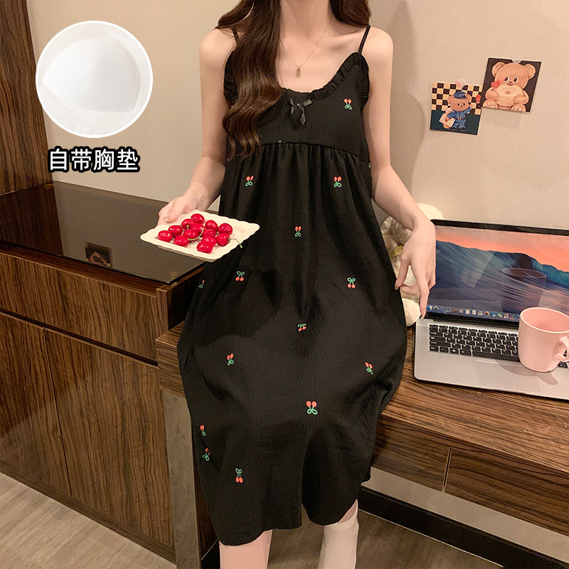 New Sweet Cherry Nightgown for Women with Breast Pads, Sweet Thin Suspender Skirt, Long Skirt, Korean Style Ins Princess Style Pajamas