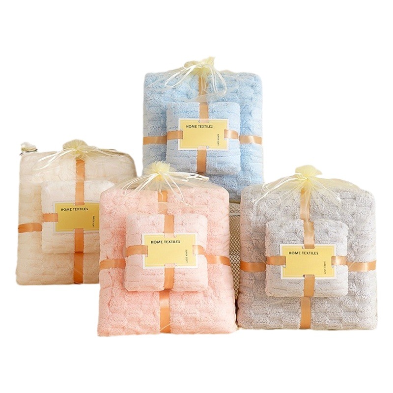Coral Velvet Towel and Bath Towel Two-Piece Set, Golden Turtle Velvet Absorbent Towel, Gauze Bag Packaging, Gift Return Gift, Thickeneded and Warm