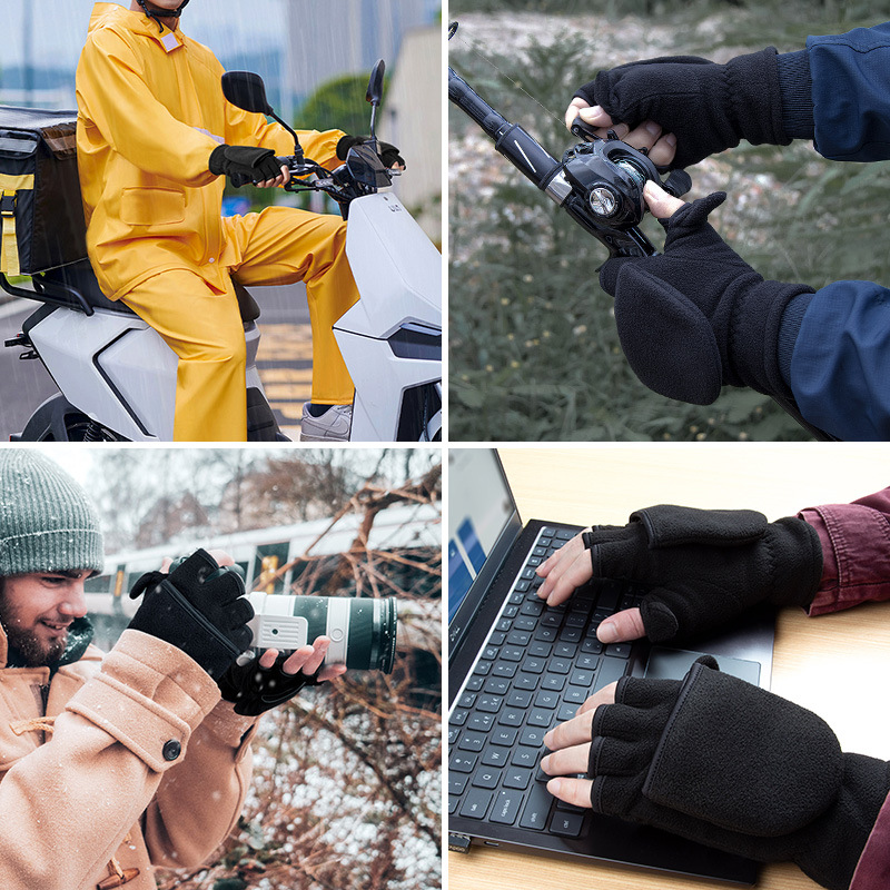 Picture of Foreign Trade in stock Warm Gloves Autumn and Winter Half Finger Flip Cover Take-out Rider Office Photography Fingers Fleece Gloves for Men and Women