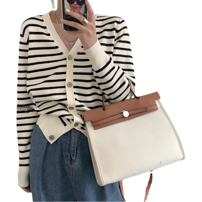 Spring and Autumn 2024 new popular women's top black and white striped knitted cardigan gentle style long sleeve sweater coat
