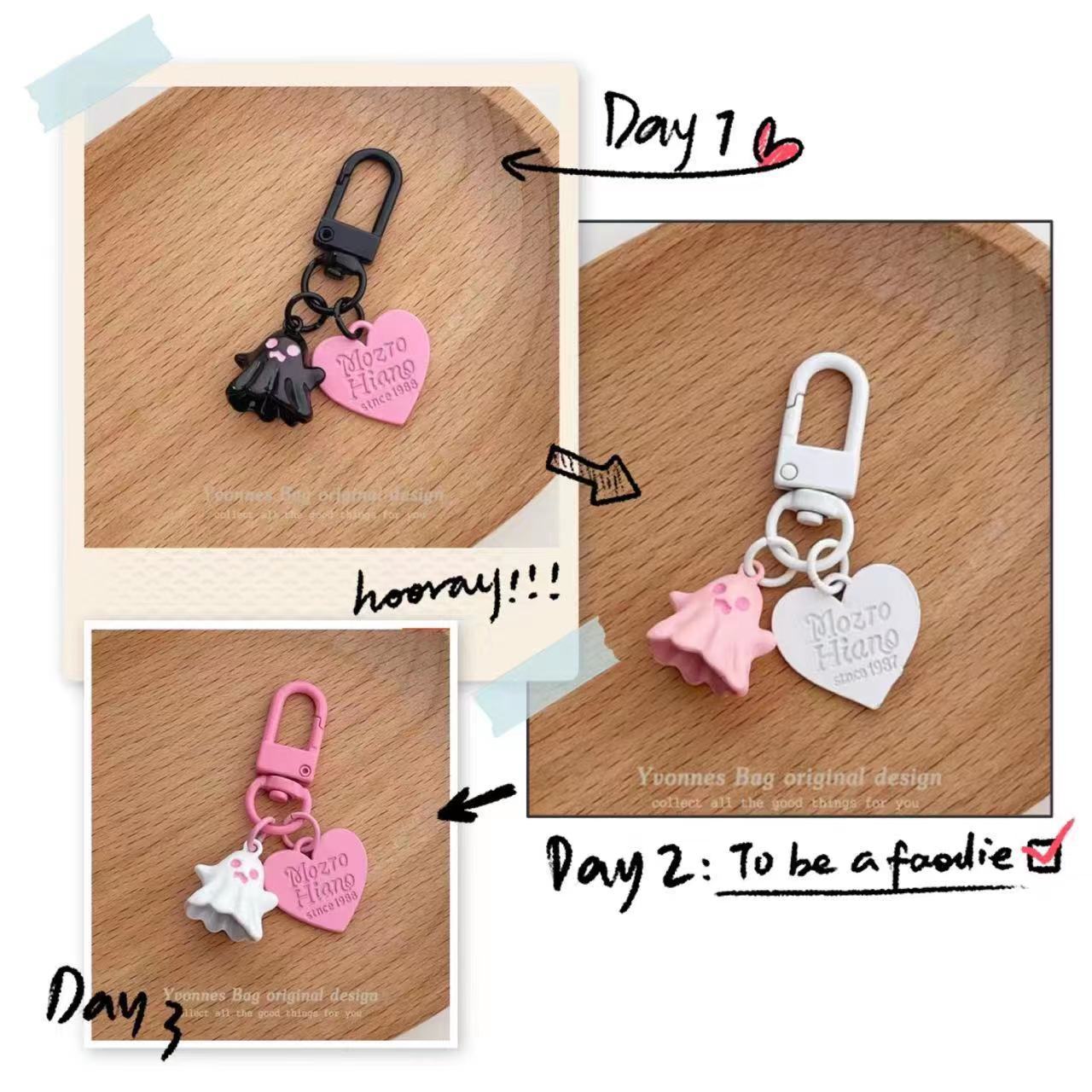 Picture of Cute personality sweet cool little ghost ghost love ornaments pink black keychain headset pendant jewelry accessories