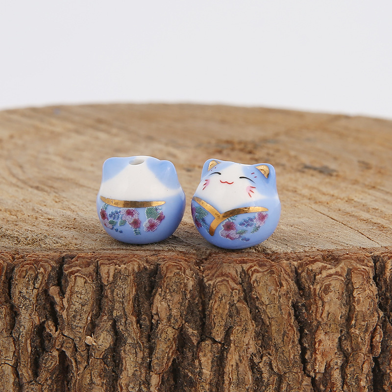 Picture of Japanese-style ceramic lucky cat beaded vertical hole cat pendant jewelry mobile phone chain ceramic cat bracelet DIY loose beads wholesale