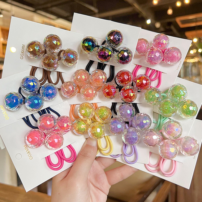 Korean style color disco ball hair rope children's hair accessories double wound cute girls rubber band hair rope headdress hair ring