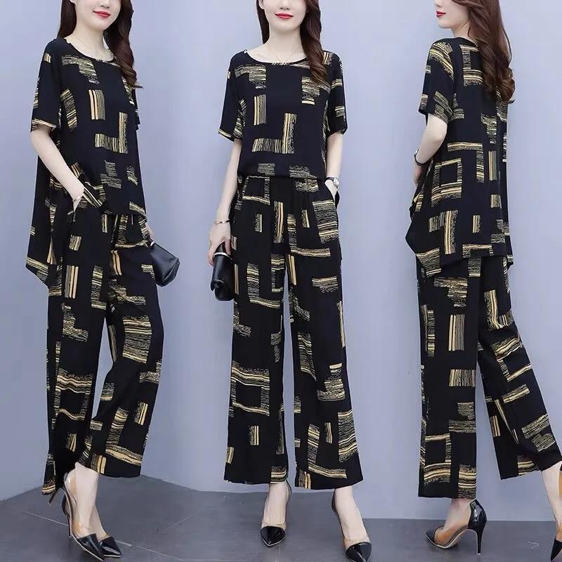 Cross-border summer printed short sleeve suit new Korean style casual loose slimming wide leg pants two-piece set for women