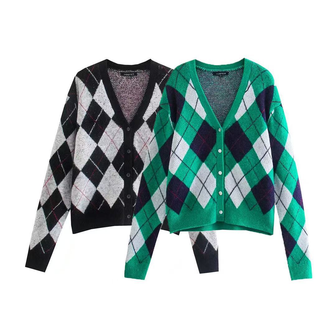 ZA cross-border women's clothing wholesale European and American style new fashion simple V-neck check casual knitted jacket 5755108