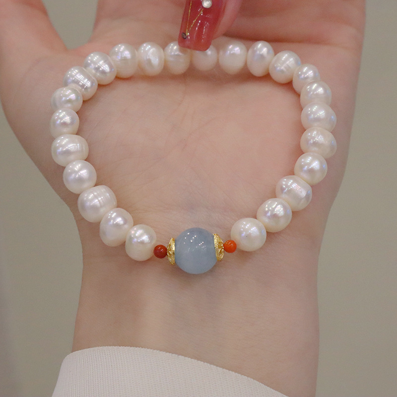 Freshwater Pearl Aquamarine Light Luxury Ins Simple Bracelet for Women, Wholesale from Manufacturer, Fresh Geometric Ins Style 2024 New Model