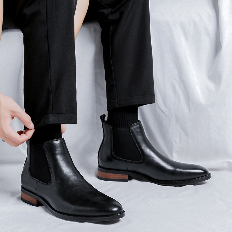 Black England Chelsea Men's High-top Simple High-end Sense Casual Business Dress Pointed Leather Boots 8100-R