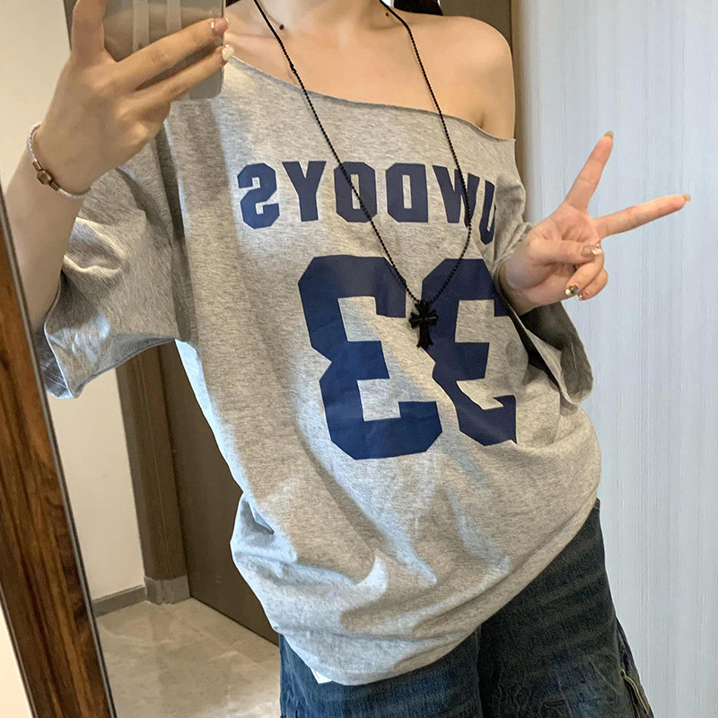 American Pure Desire Slanted Shoulder Off-Shoulder Short-Sleeved T-Shirt for Women 2025 Summer Loose Simple Style Slimming Look Sweet Sexy Top Trendy