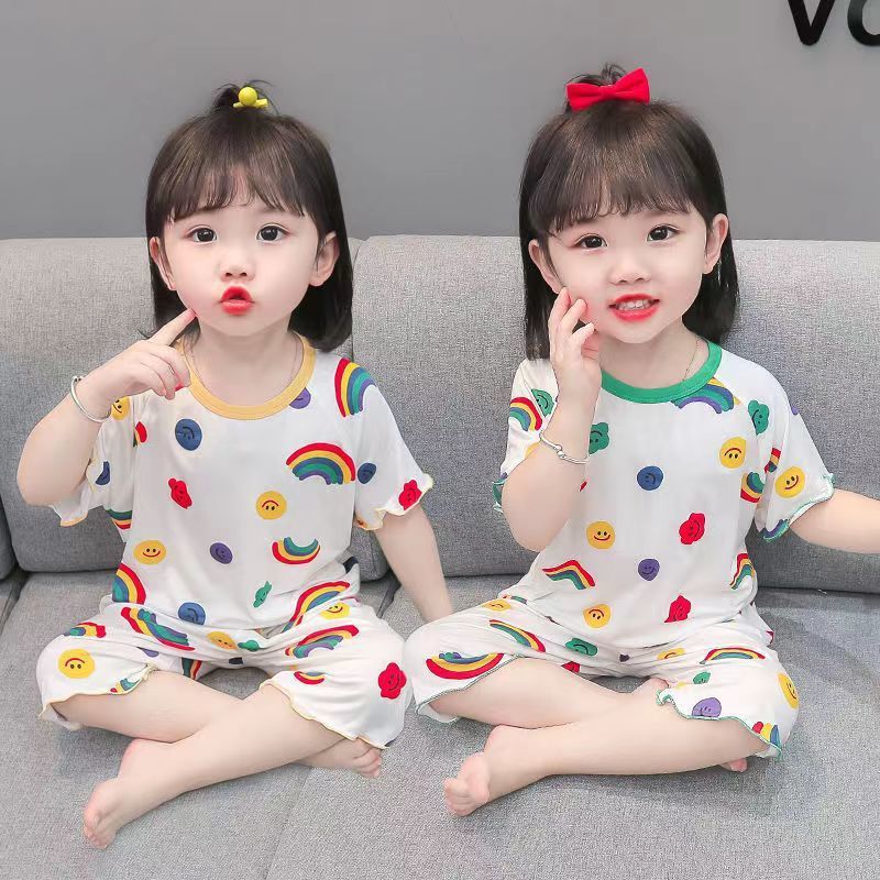 Ice Silk Soft Children's Pajamas Summer Thin Girls' Baby Girl's Stylish Korean Short-sleeved Home Clothes Girls' Summer Air-conditioning Clothes