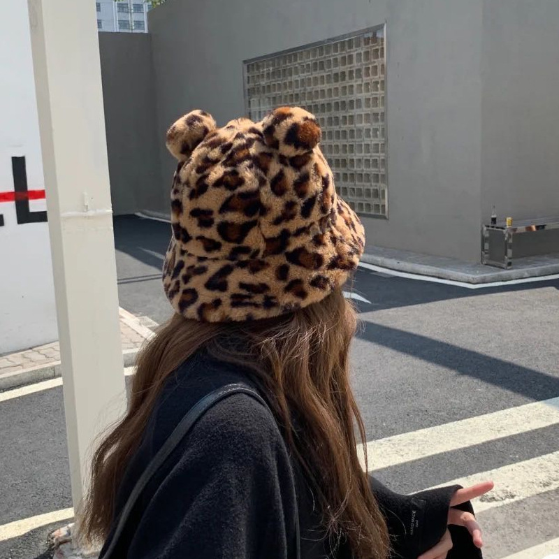 Hat Women's Autumn and Winter Korean Version Easiest for Match Cute Student Ears Thickened Velvet Basin Hat Warm Leopard Print Stuffed Fisherman Hat