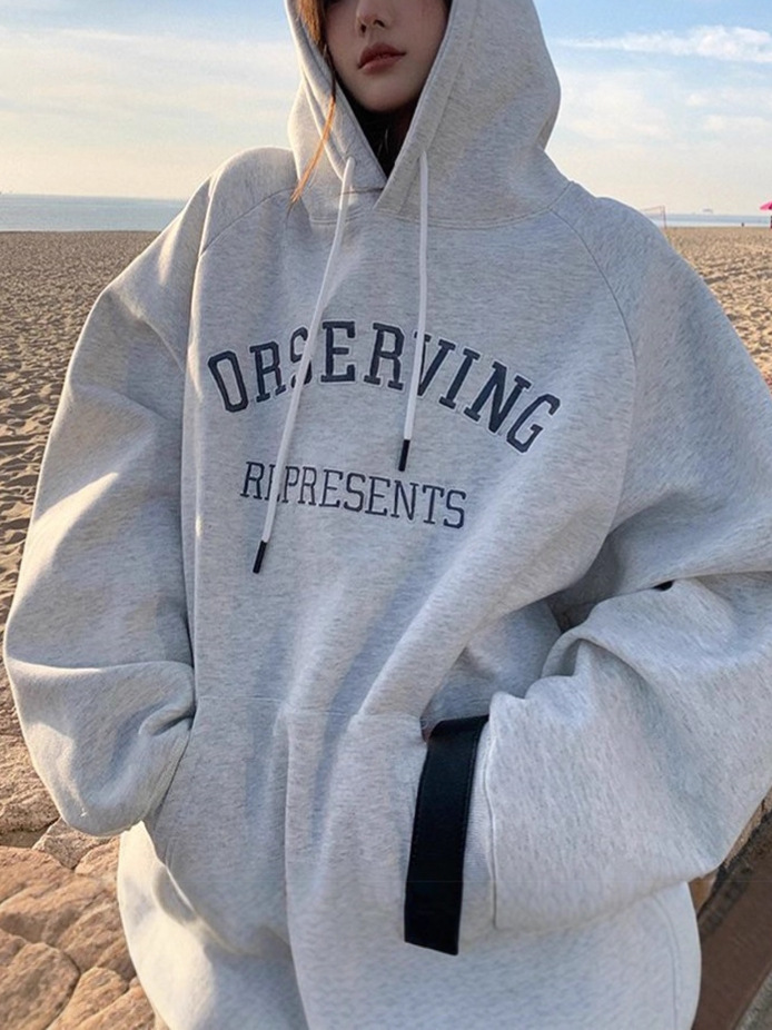 Fleece thickened hooded sweatshirt schoolgirl couple outfit BF style loose long sleeve base shirt plus size jacket top girl