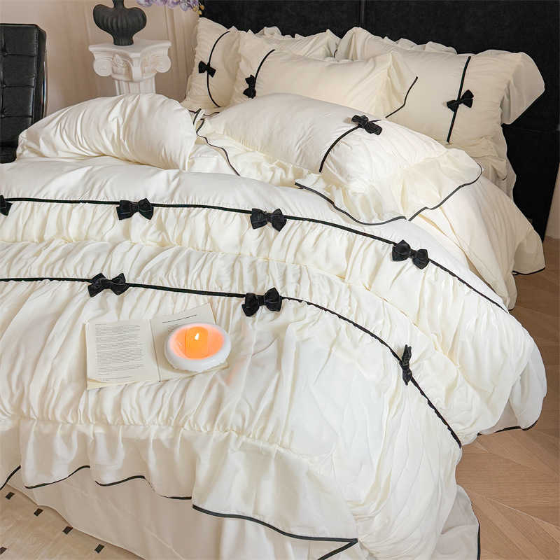 French Princess Style Bow Chiffon Lace Spring and Summer Class A Waxy Cotton Four-piece Set Single Double Quilt Cover Bedding