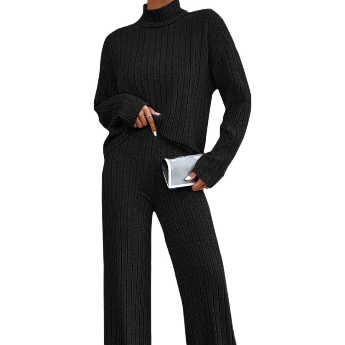 European and American New 2024 autumn and winter solid color turtleneck long sleeve pit loose wide leg pants home wear two-piece set suit