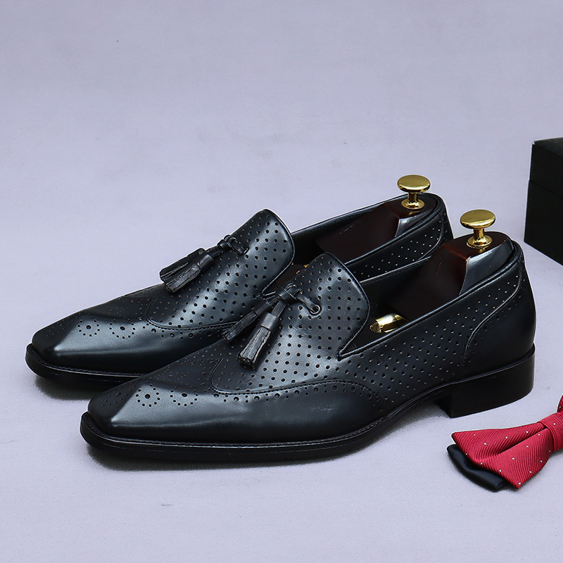 [Big Sale] Douyin Secret Cowhide Men's Shoes Genuine Leather Retro Hole Business Hollow Tassel Men's Casual Leather Shoes