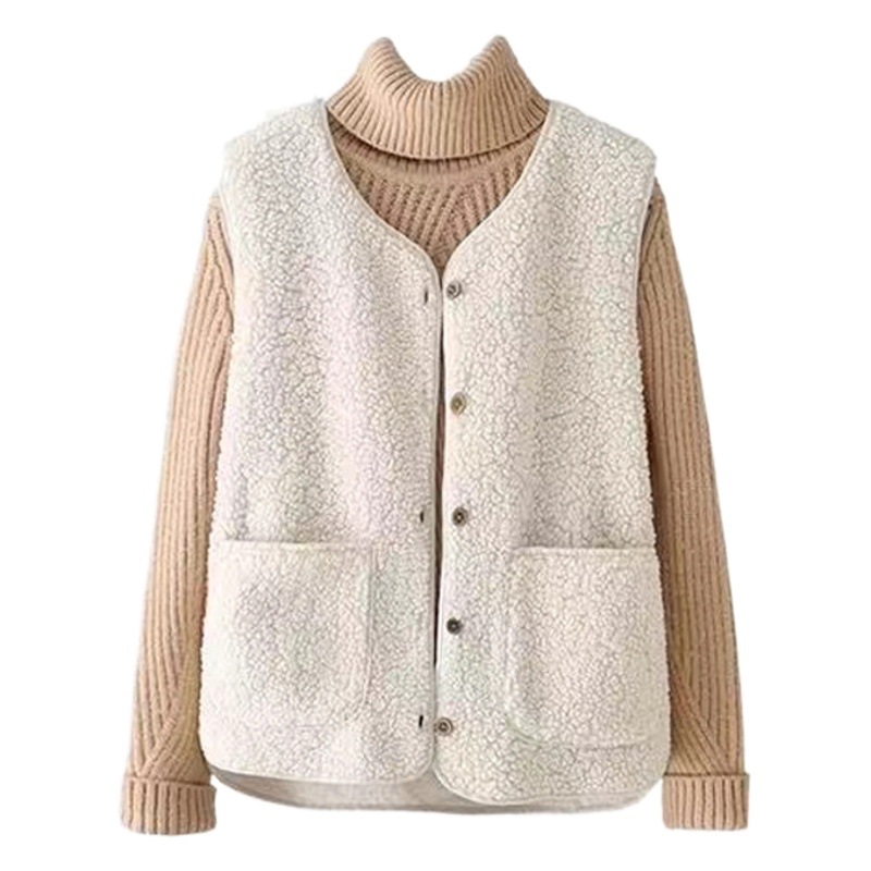 Lambswool Fleece Vest Jacket for Women, Early Autumn Fashion, Stylish Fur Integrated Outerwear Vest