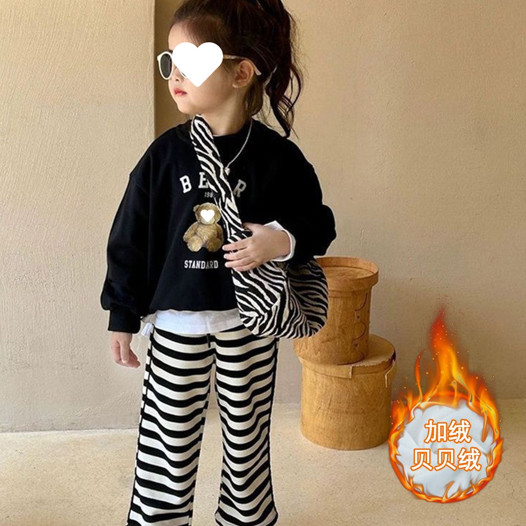 Girls Autumn and Winter Velvet Sweatshirt Set 2025 New Style Children's Cartoon Long-Sleeved T-Shirt Straight Pants Two-Piece Set Trendy