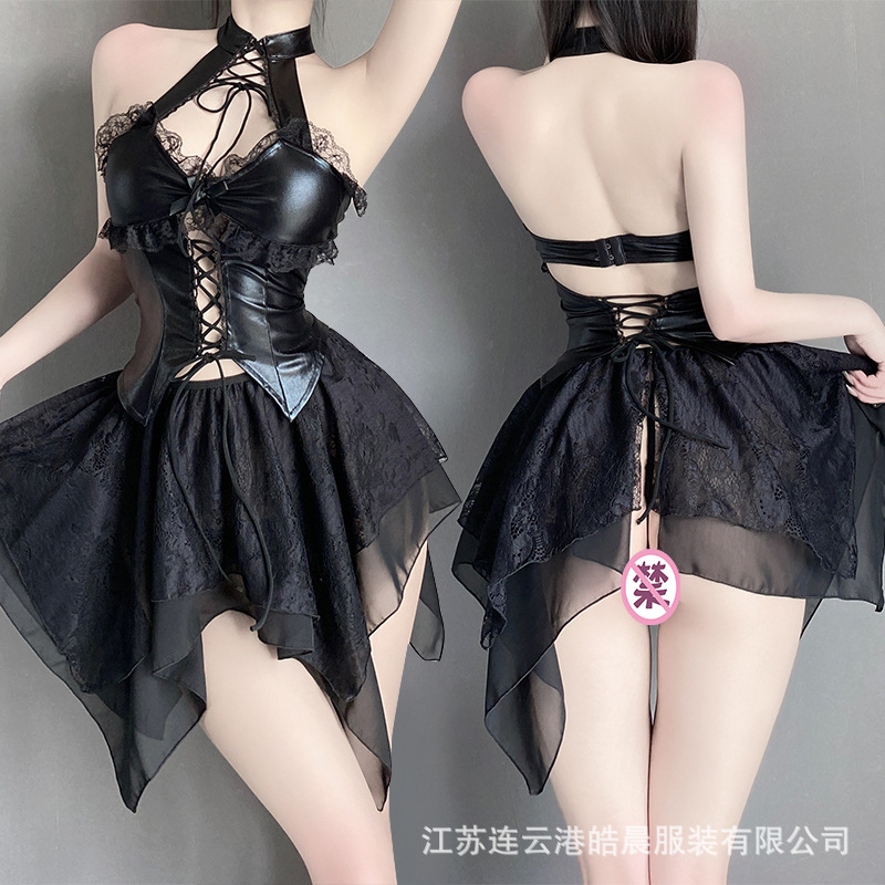 Lin Lin Ting Sexy Lingerie Hot Patent Leather Sexy Exposed Groove Naked Back Pure Desire Dress Passion No Need to Take Off Suit 2810
