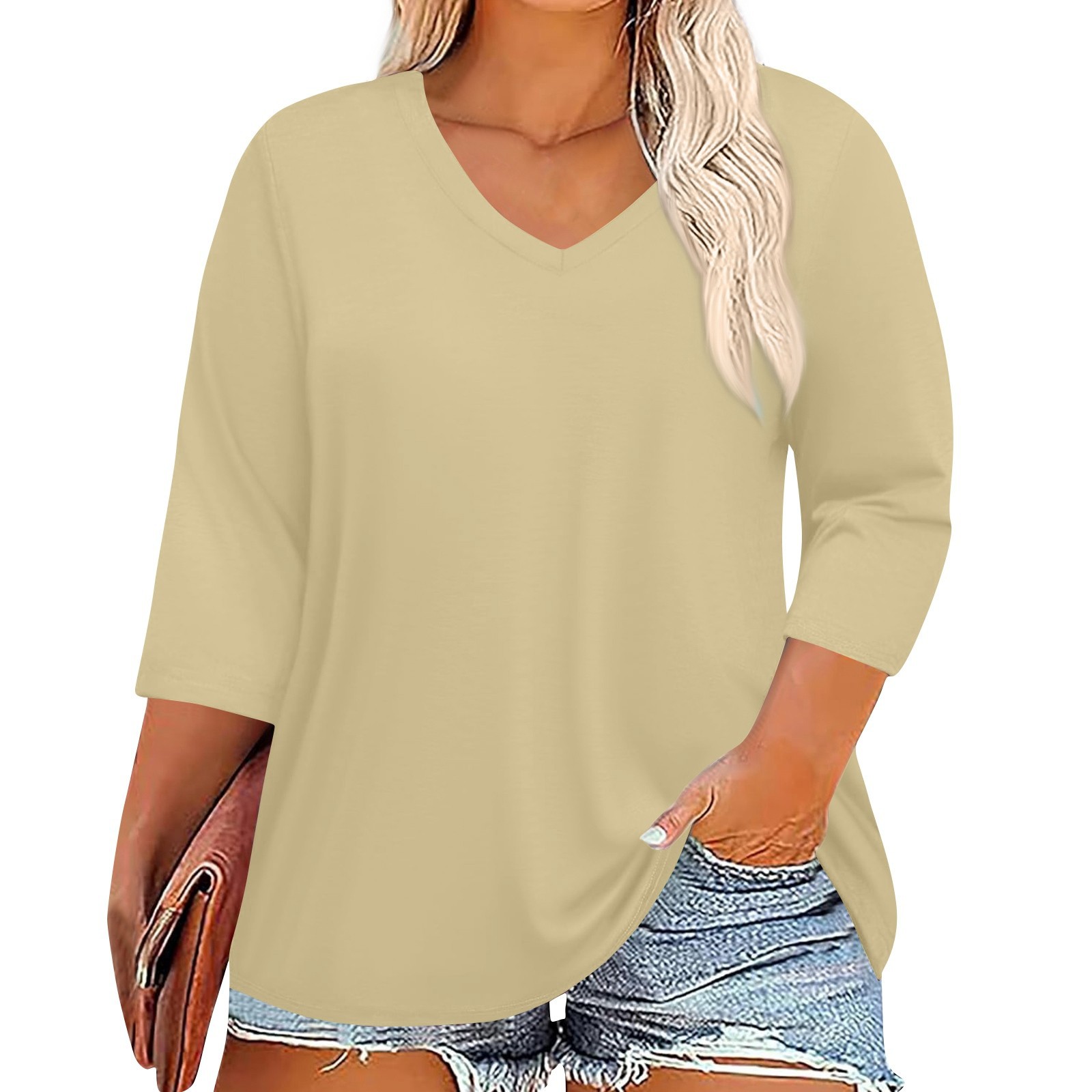 Picture of 2025 Cross-Border Amazon New Women's Large Size Fat Model V-Neck 7-Quarter Sleeve Pure Color Top