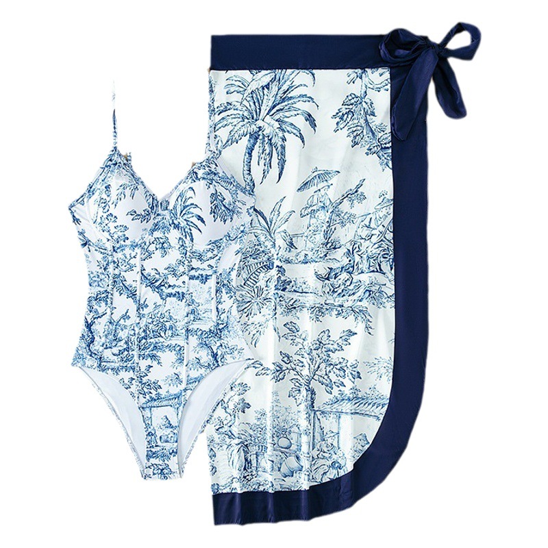 2024 European and American New Style Swimsuit Women's Tight Slim Belly-Covering French Sunscreen Long Dress Two-Piece Hot Spring Swimsuit