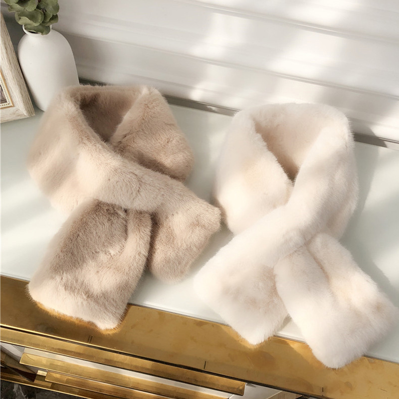 K-Style of Rex Rabbit Fur Scarf Women's Autumn and Winter Imitation Fur Easiest for Match Seto Fur Scarf Solid Color Stuffed Small Neck Cover