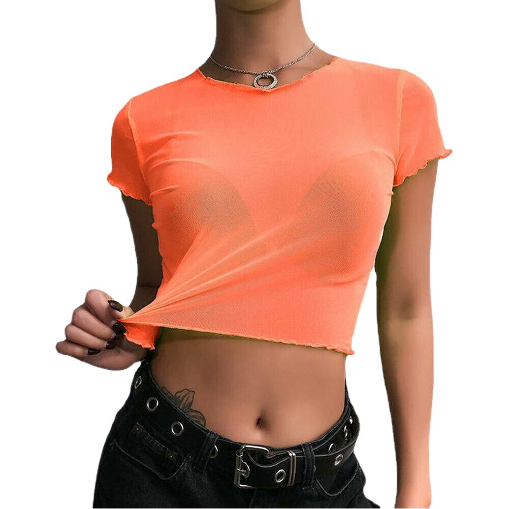 AliExpress New Fashion Women's Solid Color Perspective Mesh Transparent Short Top T-Shirt Bikini Beach Blouse