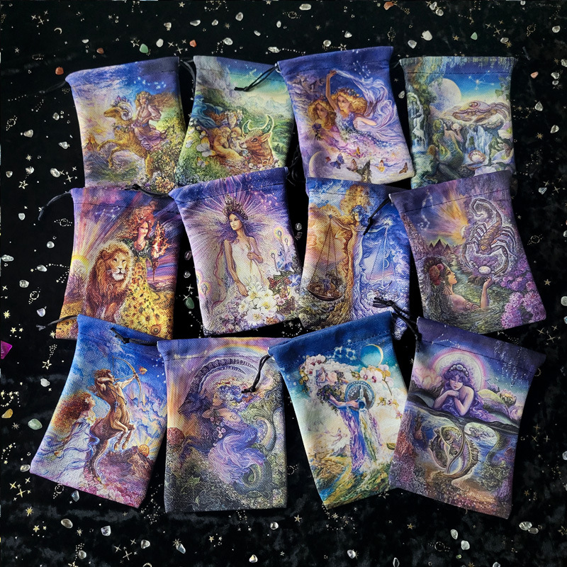 Twelve Zodiac Signs Velvet Bag with Drawstring, Colorful Tarot Card Tablecloth Bag, Birthday Small Objects, Gift Zodiac Signs Drawstring Bag