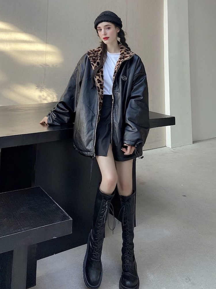 European and American Style 2025 Autumn and Winter New Women's Clothing Reversible Leopard Print Pu Leather Jacket Thickeneded Warm Plush Jacket Wholesale