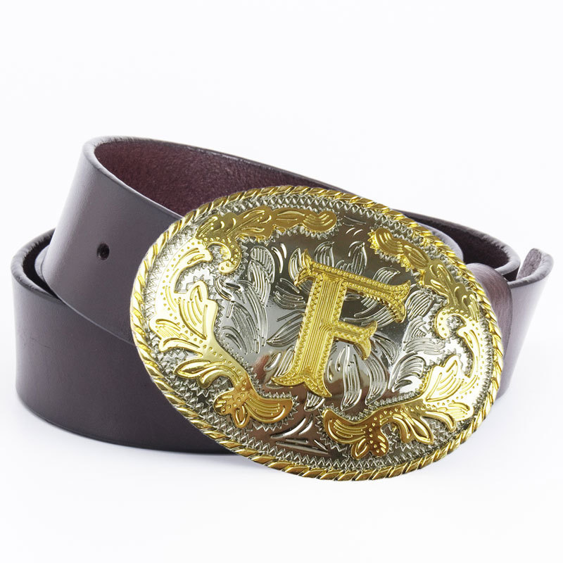 Picture of Golden men's belt whole two-layer cowhide fashion retro perforated belt buckle 3.8cm wide cross-border e-commerce