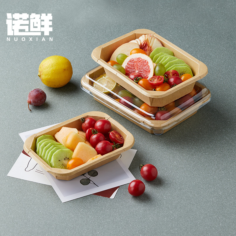 Picture of Disposable kraft paper long octagonal bowl picnic travel packing box takeout fruit cutting box high transparent convex cover waterproof