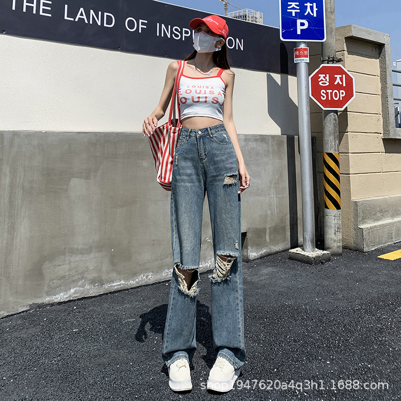 Picture of Ripped Wide Leg Jeans Women's Summer 2023 New High Waist Slim Look Straight Loose Dumping Pants Thin
