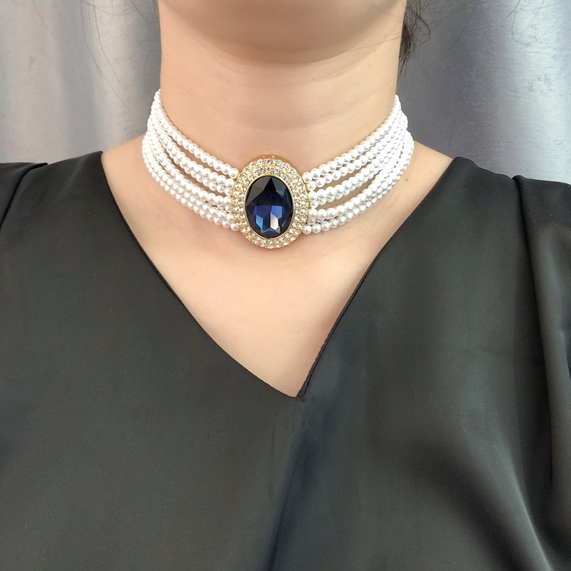 Picture of Classic Hepburn Style Multi-Layer Glazed Pearl Neck Chain Sapphire Gold Plated Clavicle Chain Silver Needle Ear Stud Ear Clip suit